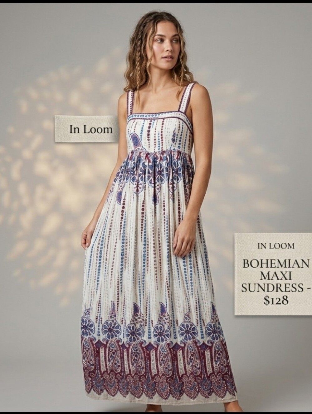 In Loom Bohemian Maxi Sundress Cream/Blue/Burgundy Wmn's Med